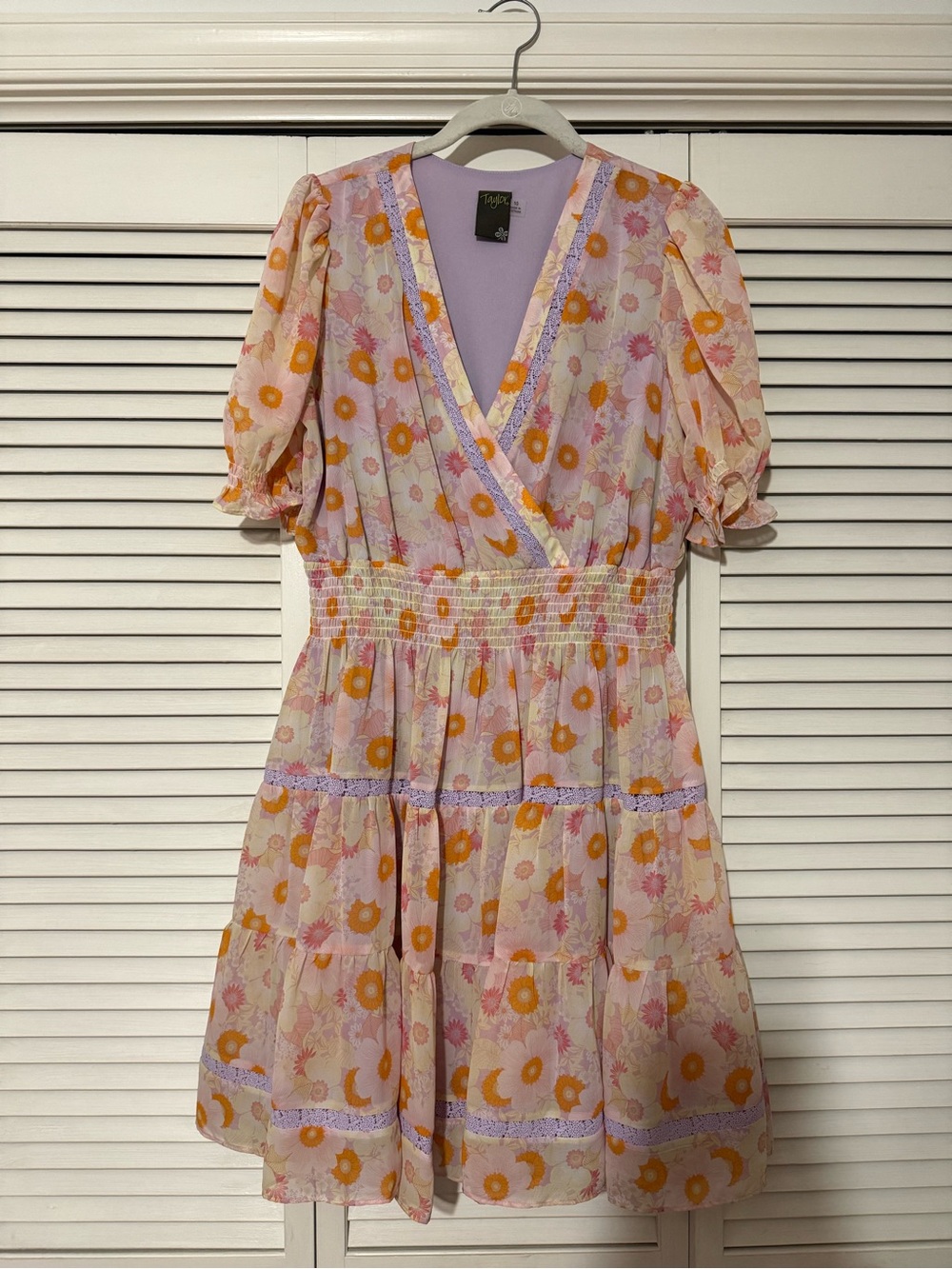 Taylor Floral Wrap Smocked Midi Dress - Lavender Pink with Orange Florals
